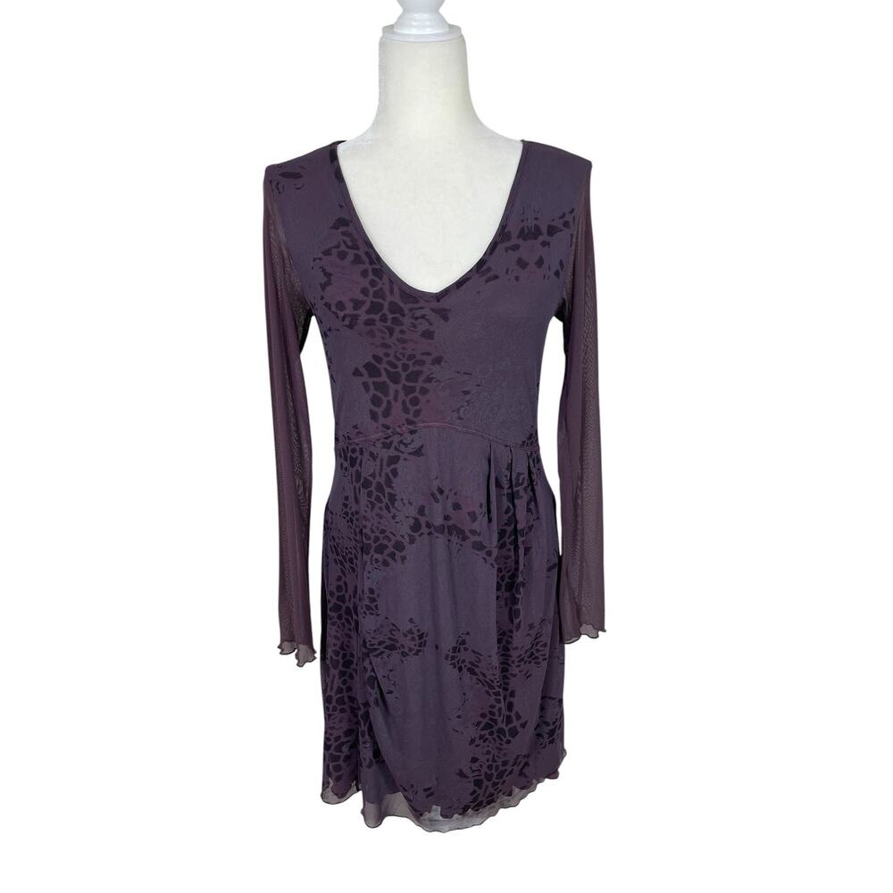 Inizio Mesh Overlay Floral Jersey Dress Long Sleeves Purple M Elevated Casual